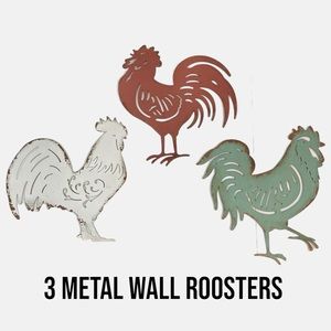 Metal Wall Roosters Farmhouse Decor Bundle of 3 Rustic Chippy Design
